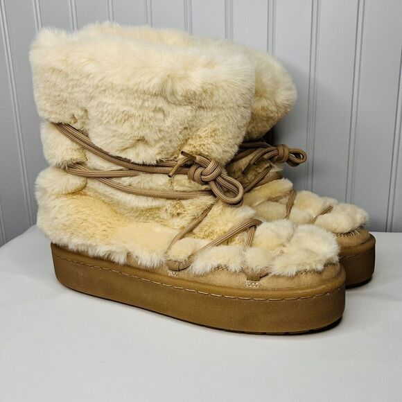 RARE H&M Faux fur Icon Snow Boots Sz 10 Lace Up Soft Biege Boho Soft Fluffy - Picture 1 of 10
